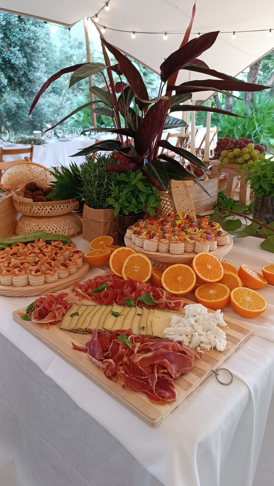 A Mediterranean grazing table under garden lights