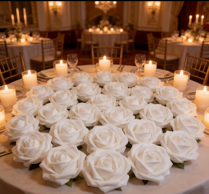 A candlelit table dressed with white roses at a private celebration